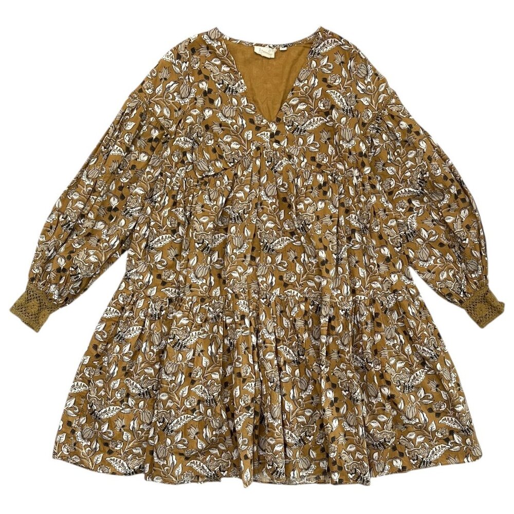 Let Me Be Jemma Floral Babydoll Tiered Mini Tunic Dress Brown 2 Cottagecore Boho